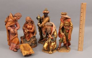 Lrg Italian Hand Carved Wood Vintage Anri 10 " Walter Bacher 6 Piece Nativity Set