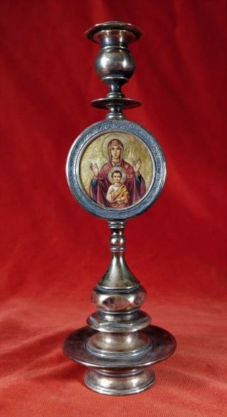 Old Bronze Candlestick With Russian Icon Virgin Of The Sign Mother Of God.