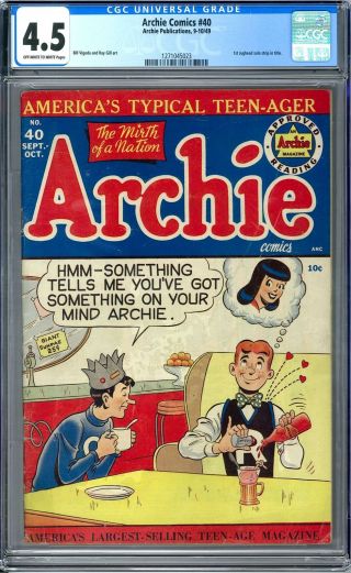 Archie Comics 40 Cgc 4.  5 (ow - W) 1st Jughead Solo Strip In Title