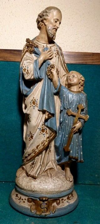 St Joseph W/ Child Jesus Antique Large 17.  52 " Plaster Figure Statue