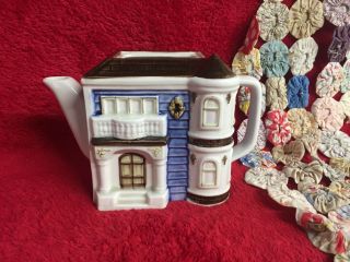 Vintage 1983 Otagiri Victorian House Teapot Made In Japan Pretty Blue Brown
