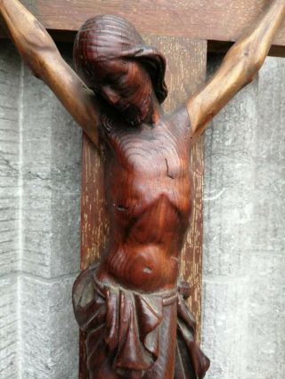 Huge Antique France Monastery Wall Wood Cross Crucifix Carved Wood Jesus Corpus