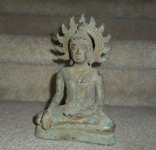 Antique Vintage Bronze Buddha Statue With 12 Spoke Dharma Wheel Of Life,  8 "