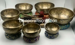 Tibetan Singing Bowls Set Of 7 - Chakra Frequency Tuned Handmade Tiger Antiques