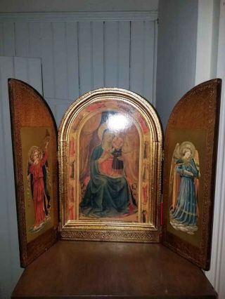 Antique/vintage Gothic Arched Wood Frame With Doors Madonna Icon Print Angel