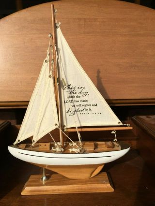 Vintage Wooden Sailboat Model Cloth Sails Ship Mast Scripture Reading Psalm 118