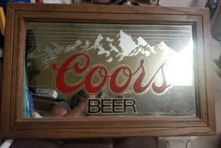 Vintage 1983 Coors Beer Mirror Sign Wood Framed Gold Mountains