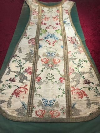 ANTIQUE 19th c EUROPEAN CHRISTIAN PRIEST SILK EMBROIDERED CHASUBLE VESTMENT 1 2