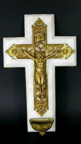 XL Antique Holy Water Font Crucifix French Gilt Bronze Signed Corpus Christ Onyx 2