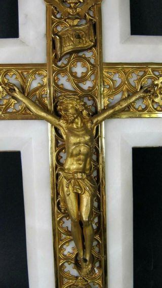 XL Antique Holy Water Font Crucifix French Gilt Bronze Signed Corpus Christ Onyx 3