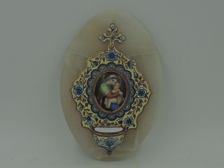 Antique French 19th C.  Marble Cloisonne Enamel Holy Water Font Benetier Madonna