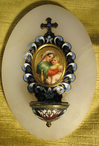 Old French Cloisonne Holy Water Font Of The Virgin & Child.