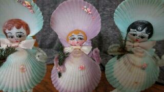 3 Vtg Seashell Deco Doll Lady Figurine Folk Art 4 - 1/2 To 5” Green Lavender