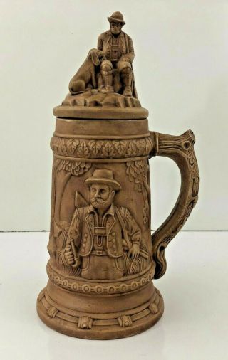 Vintage Ceramic 9 " Beer Stein With Lid - German Hunting Scene With Deer & Dog