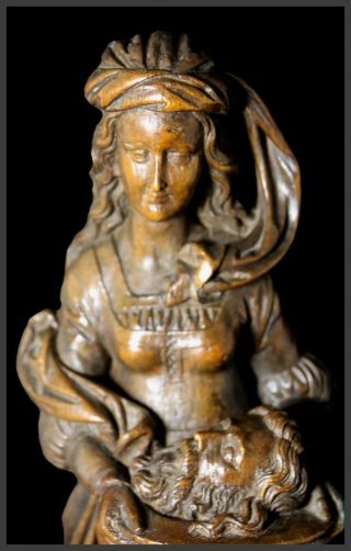 Antique Oak Wood Carved Statue Of Salome With The Head Of Saint John The Baptist