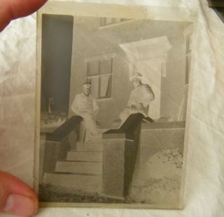 Antique Glass Plate Negative,  2 Men Seated On Walls By Front Door Of House