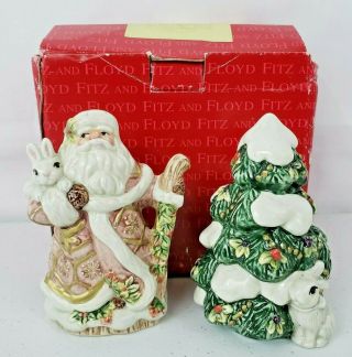 Fitz And Floyd Salt & Pepper Shakers Father Noel Santa And Tree Bunny Rabbit