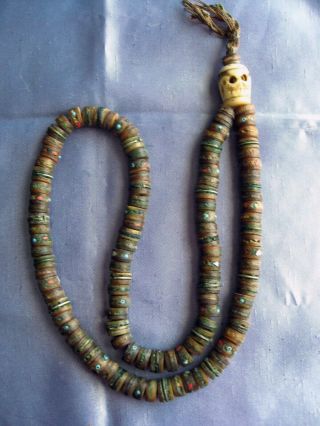 Antique Tibetan Kapala Mala Prayer Beads Inlay Stones,  Silver Bars,  Skull Mala