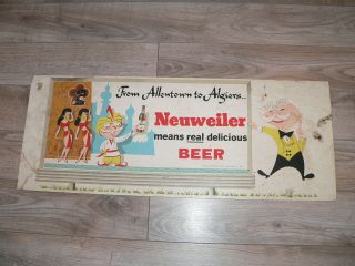 Vintage Mid - Century Neuweiler Beer Advertising Wide Cardboard Back Bar Sign
