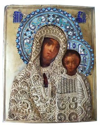 Antique 19th C Russian Icon Of Kazan Mother Of God In Silver 84 Filigree Riza