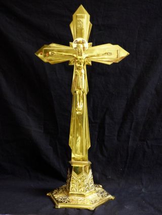 Antique Guilt Brass Art Deco Jesus Christ Standing Table Cross Crucifix Signed