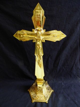 Antique Guilt Brass Art Deco Jesus Christ Standing Table Cross Crucifix signed 2