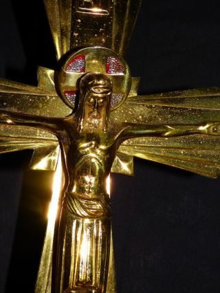 Antique Guilt Brass Art Deco Jesus Christ Standing Table Cross Crucifix signed 3