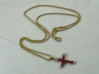 Vtg 10k 14k Solid Yellow Gold Necklace Pendant Cross Crucifix Diamond Ruby 5.  6g