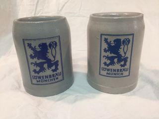 Two (2) Vtg Lowenbrau Beer Mugs 1/2 Liter Glazed Stoneware.