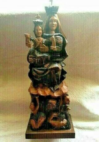 Artist Signed Hand Carved Wood Large Madonna W/child Statue Great Details 17 " H