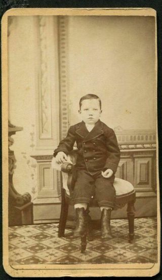 Antique Cdv Photo Little Boy W Jacket & Boots On Chair Staunton Il