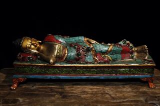 Chinese Antique Tibetan Buddhism Old Copper Inlaid Gem Sakyamuni Sleeping Buddha
