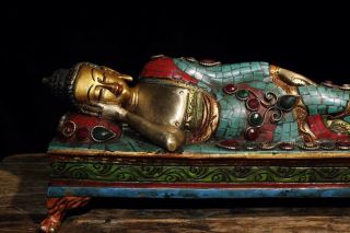 Chinese Antique Tibetan Buddhism old copper inlaid gem Sakyamuni sleeping Buddha 2