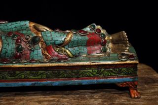 Chinese Antique Tibetan Buddhism old copper inlaid gem Sakyamuni sleeping Buddha 3