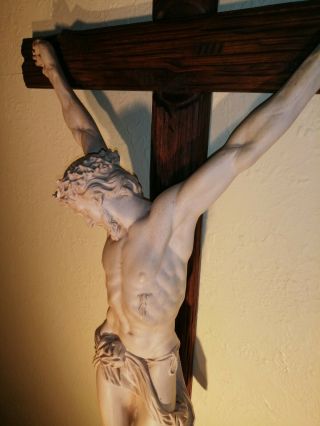 Huge 39.  3inc Antique Church Carved Wood Cross Crucifix Plaster Jesus Corpus Wall