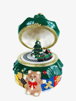 Mr.  Christmas Tree Hinged Porcelain Animated Train Music Box Ornament Teddy Bear