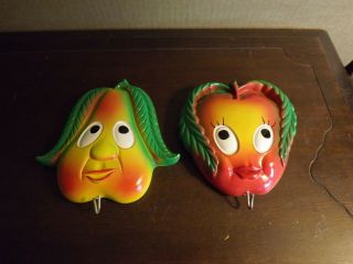 2 Vintage Chalkware Wall Plaques Anthropomorphic Pear & Apple With Hooks