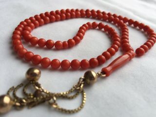 Natural Red Italy Coral Tasbih Prayer Beads Antique 18 Karat Gold Tassel