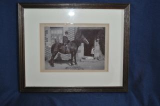 Lovely Old Black & White Framed Photo Of A Boy In A Bowler On A Hunting Horse