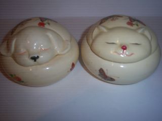 . Porcelain Set Of Napping Dog And Cat Trinket Boxes By Takahashi