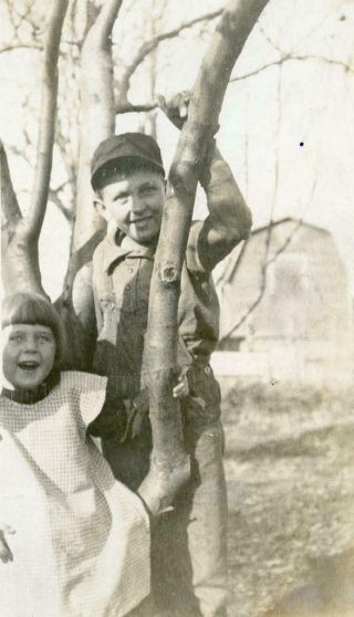 Zz715 Vintage Photo Rppc Farm Children,  Gingham Girl Overalls Boy C Early 1900 