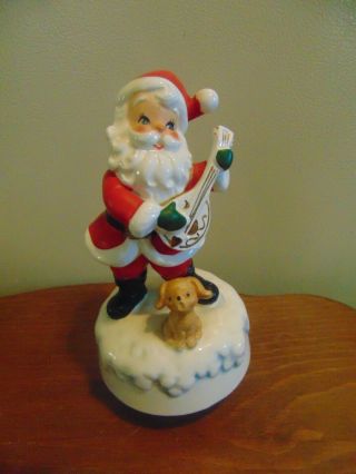 Vintage Josef Originals Figurine Santa Claus Playing Mandolin W/ Pup Music Box