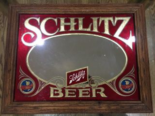 Rare Vintage Schlitz Beer Glass Mirror Wall Bar Sign 21” X 27” Wood Frame