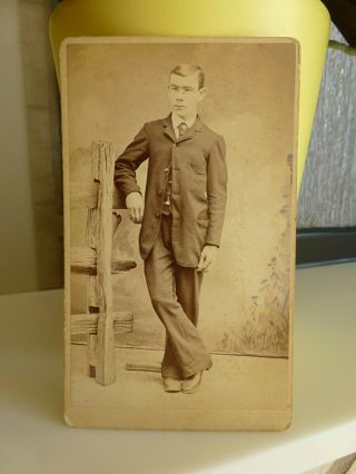Antique Cdv Cabinet Photo Young Man Elbow On Mock Fence Prop Yonkers Ny