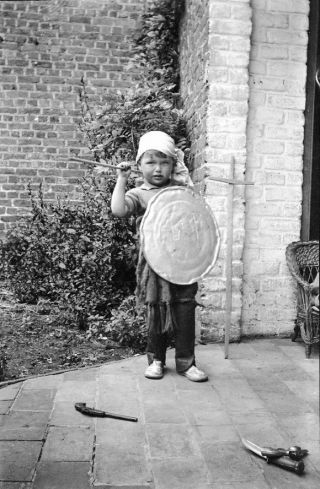 5x Old Negatives.  Little Boy Playing At Costume Dressing Up In The Garden.  1930 