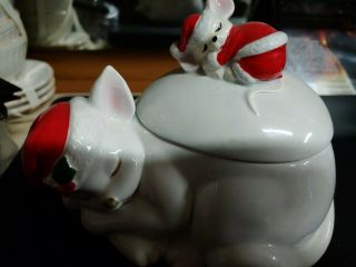 Fitz And Floyd Christmas Cat And Mouse Lidded Box Figurine Santa Hat Suit 1979