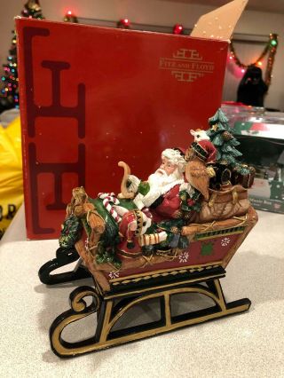 Fitz & Floyd Holiday Musicals Christmas Lodge Sleigh Here Comes Santa Claus