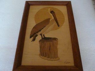 Hudson River Inlay Pelican Bird Marquetry Wood Hanging Plaque Jeff Nelson Signed