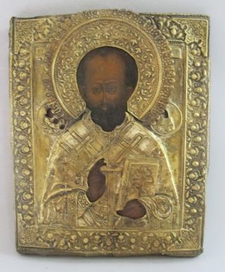 Large 19th C.  Russian Gilt Orthodox Icon W/ Gold Gilt Of St.  Nicholas C.  1840