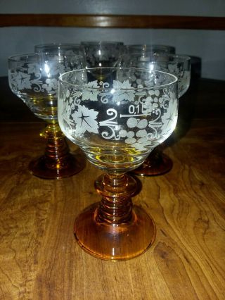 Set Of 6 Ribbed Amber Stem German Wine Glasses Etched Grape Leaves